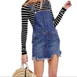 Free People Torn Up Denim Jumper Overall Dress Uneven Raw Hem Dark Size 8